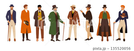 19th century man. Victorian suit gentleman in hat. 1900 English people as fashion elegant old character. Vintage clothing. Traditional British dandy outfit. Vector aristocrat costumes set 135520056