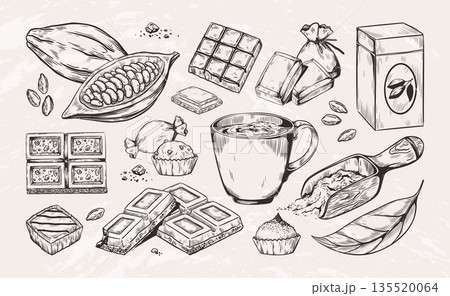 Chocolate bar. Hand drawn cocoa sketch. Dark bean draw or organic product. Natural coffee style. Choco powder scoop. Delicious food. Cooking ingredients. Vector outline elements set 135520064