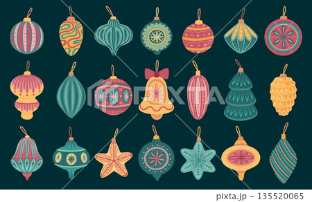 Christmas decor. Flat simple holiday hanging toy with ornament set, xmas or noel vintage retro toys in bright colors. Celebrating balloons traditional gift. Vector cartoon illustration 135520065
