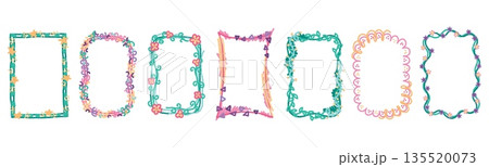 Kid photo frame. Cute children color border, doodle kindergarten ornament for crayon hand drawn picture simple creative decoration, abstract graphic design, geometric and botanical vector set 135520073