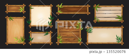 Bamboo frame. Wood sign board, wooden game adventure border or ui name banner for map different size, green plant leaves texture. Empty framework panels. Vector graphic design elements 135520076