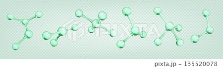 3D DNA cell. Medical science atom structure. Molecular water or glass oxygen. Transparent chemistry bubble. Laboratory experiment. Atomic model. Vector render scientific elements set 135520078