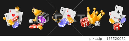 Casino icons. 3d poker chip card, bet or blackjack trophy, gold fortune game crown and winner prize, cubes and token. Flying ui Texas cup and coins, money tournament. Vector logo gambling set Casino icons. 3d poker chip card, bet or blackjack trophy, gold fortune game crown and winner prize, cubes and token. Flying ui Texas cup and coins, money tournament. Vector logo gambling set 135520082