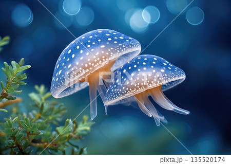 Mystical Jellyfish Floating in Deep Ocean Waters With Sparkling Light Reflections and Sea Plants 135520174