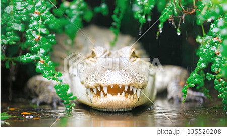 Alligator Resting by the Water in a Lush Swamp Under Dense Green Foliage in Daylight Hours Alligator Resting by the Water in a Lush Swamp Under Dense Green Foliage in Daylight Hours 135520208
