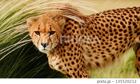 Cheetah Crouches Low Among Tall Grass While Preparing to Hunt in Nature Cheetah Crouches Low Among Tall Grass While Preparing to Hunt in Nature 135520212