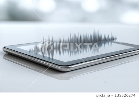 Biometric Data Projection Above a Sleek Tablet Displaying Real Time Data Analytics at a Tech Event 135520274