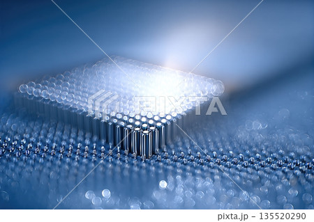 Close up of an Advanced Microchip Integrated With Organic Materials Under Blue Lighting 135520290