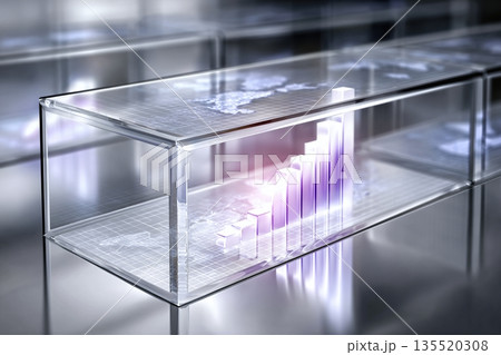 Futuristic Glass Desk Showcases Holographic Data and a Rising Graph in a Modern Workspace Setup 135520308