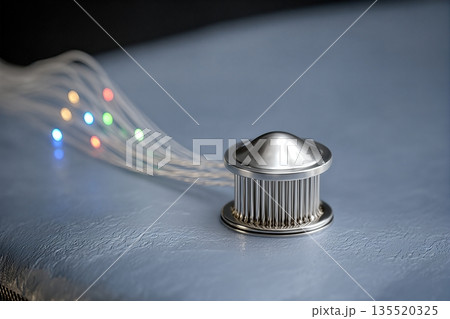 Macro View of Neural Interface Cable Connected to a Device on a Surface With Colorful Lights 135520325