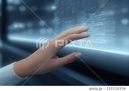 Business Woman Interacts With Digital Interface in Modern Office Setting Business Woman Interacts With Digital Interface in Modern Office Setting 135520334