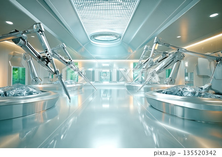 Futuristic Room With Robotic Arms Working on Objects in a Sterile Environment 135520342