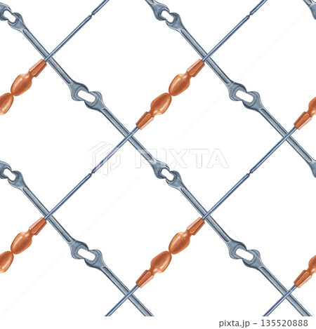 Seamless pattern with screwdrivers and wrenches arranged in a criss-cross pattern. Watercolor illustration of metalworking tools on an isolated background. Realistic seamless template for the design 135520888