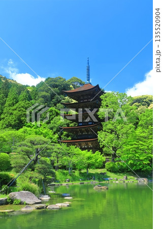 【山口県】晴天の瑠璃光寺の五重塔と塔影の池 【山口県】晴天の瑠璃光寺の五重塔と塔影の池 135520904