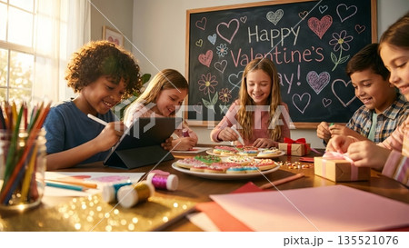 Happy Diverse Children Participating in Valentine's Day Creative Workshop and Craft Activities 135521076
