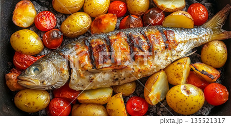 Flat lay of whole grilled trout fish with potatoes and tomatoes baked on coals in black skillet, delicious and healthy dish from seafood 135521317