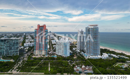 Aerial Miami south beach. Cityscape landscape in South Beach. Florida panorama. Skyscraper architecture of Miami. Miami South beach landscape aerial view. Aerial on Miami skyscraper architecture 135521499