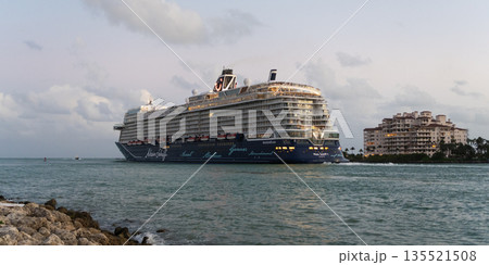 Miami, Florida, USA - November 01, 2024: Cruise ship vacation. Cruise ship in summer vacation. Cruise ship vacation and travel at sea. Luxury liner. Mein Schiff 1 Valletta Miami, Florida, USA - November 01, 2024: Cruise ship vacation. Cruise ship in summer vacation. Cruise ship vacation and travel at sea. Luxury liner. Mein Schiff 1 Valletta 135521508