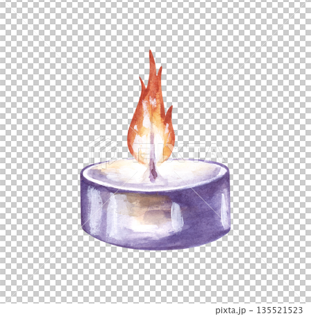A small burning candle on an isolated background. Watercolor illustration of a round candle with a bright flame. Realistic clipart for holiday decorations. 135521523