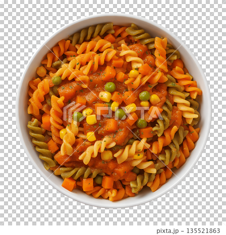 Vibrant bowl of colorful rotini pasta salad with mixed vegetables, isolated. Perfect for healthy, quick meal ideas Vibrant bowl of colorful rotini pasta salad with mixed vegetables, isolated. Perfect for healthy, quick meal ideas 135521863