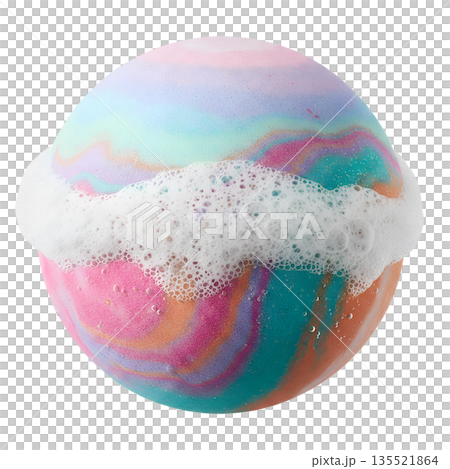 Vibrant pastel-colored bath bomb beginning to fizz in water with luxurious foam, isolated. Represents self-care, relaxation, and cosmetic indulgence 135521864