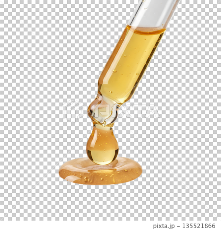 Glass pipette releasing a single drop of shimmering golden liquid, isolated. Represents precision, luxury skincare, science, and valuable essences 135521866