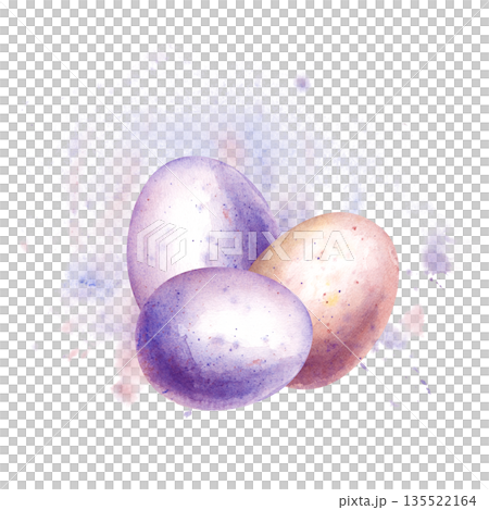A composition of three painted eggs for the Easter holiday on the background of a watercolor spot with splashes. Realistic watercolor illustration of eggs with splashes of paint on an isolated 135522164