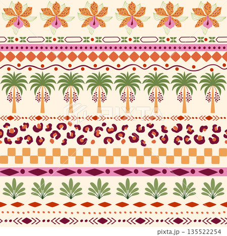 Tropical striped seamless pattern with palm tree, flower leopard skin spots, geometric elements. Vector summer print. 135522254