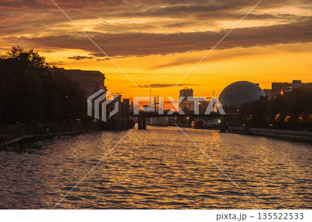 Pregolya River in Kaliningrad at sunset. Russia Pregolya River in Kaliningrad at sunset. Russia 135522533
