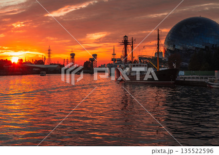 Pregolya River and ships in Kaliningrad at sunset. Russia 135522596