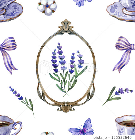 Seamless watercolor pattern with lavender sprigs, cotton flowers, teacups, bows and vintage frames. Provence inspired floral design for textiles, stationery, packaging, home decor, tea branding and Seamless watercolor pattern with lavender sprigs, cotton flowers, teacups, bows and vintage frames. Provence inspired floral design for textiles, stationery, packaging, home decor, tea branding and 135522640