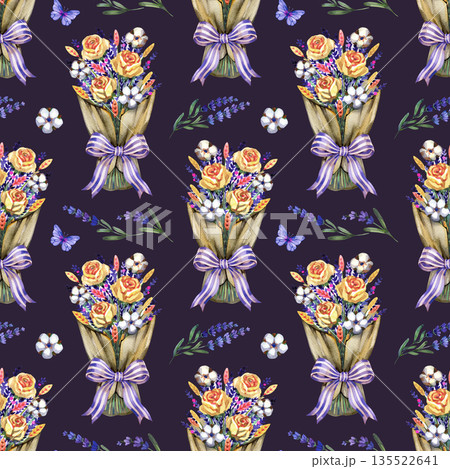 Charming watercolor seamless pattern featuring lavender bouquets in kraft paper tied with purple ribbons and butterflies. Hand-painted botanical design for rustic decor. Charming watercolor seamless pattern featuring lavender bouquets in kraft paper tied with purple ribbons and butterflies. Hand-painted botanical design for rustic decor. 135522641