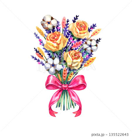 Hand-painted watercolor bouquet featuring yellow roses, lavender sprigs, and cotton flowers tied with a bright pink silk bow. This rustic floral arrangement is ideal for Provencal and romantic designs 135522643