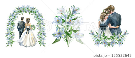 Collection of romantic watercolor wedding compositions. It features a bride and groom standing under a floral arch, a lush bouquet of white lilies, and a couple embracing, all rendered in soft Collection of romantic watercolor wedding compositions. It features a bride and groom standing under a floral arch, a lush bouquet of white lilies, and a couple embracing, all rendered in soft 135522645