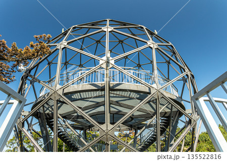 Geometric metal observation dome at Xantos viewpoint in Balatonboglar overlooking Lake Balaton with panoramic views, modern architecture, elevated platform, and scenic summer landscape in Hungary Geometric metal observation dome at Xantos viewpoint in Balatonboglar overlooking Lake Balaton with panoramic views, modern architecture, elevated platform, and scenic summer landscape in Hungary 135522816