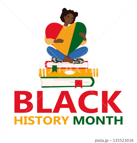 African American girl sitting on a stack of books. Black History Month celebration concept African American girl sitting on a stack of books. Black History Month celebration concept 135523016