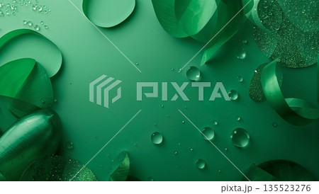 Green Shapes and Droplets Create a Textured Background for Art or Design Projects 135523276