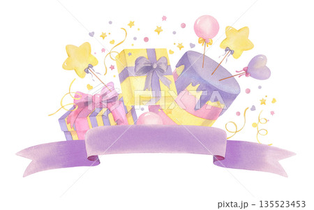 Banner of cake with lollipops, gift boxes, serpentines, confetti and ribbon. For packing paper, greeting cards, decoration and illustration. Banner of cake with lollipops, gift boxes, serpentines, confetti and ribbon. For packing paper, greeting cards, decoration and illustration. 135523453