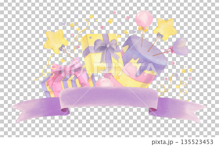 Banner of cake with lollipops, gift boxes, serpentines, confetti and ribbon. For packing paper, greeting cards, decoration and illustration. Banner of cake with lollipops, gift boxes, serpentines, confetti and ribbon. For packing paper, greeting cards, decoration and illustration. 135523453