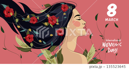 Woman with flowers in hairs, Hello spring, Girl with flowers. Happy international Women's Day card Woman with flowers in hairs, Hello spring, Girl with flowers. Happy international Women's Day card 135523645