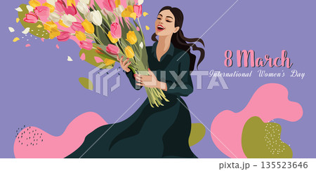 Womens Day greeting card. Postcard from March 8th. A smiling woman holding a huge bouquet of flowers Womens Day greeting card. Postcard from March 8th. A smiling woman holding a huge bouquet of flowers 135523646