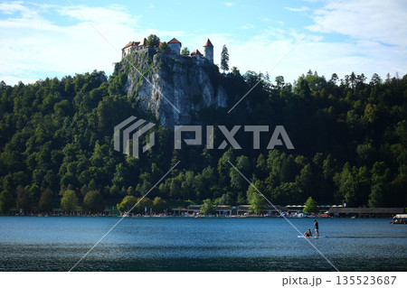 Scenic View of Lake Bled with Church on Bled Island, Slovenia 135523687