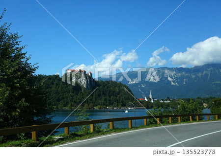 Scenic View of Lake Bled with Church on Bled Island, Slovenia Scenic View of Lake Bled with Church on Bled Island, Slovenia 135523778