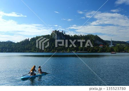 Scenic View of Lake Bled with Church on Bled Island, Slovenia Scenic View of Lake Bled with Church on Bled Island, Slovenia 135523780