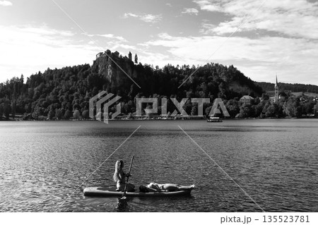 Scenic View of Lake Bled with Church on Bled Island, Slovenia Scenic View of Lake Bled with Church on Bled Island, Slovenia 135523781