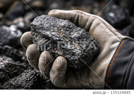 Hand Holding Raw Coal or Mineral Ore in Industrial Mining Concept Hand Holding Raw Coal or Mineral Ore in Industrial Mining Concept 135524085