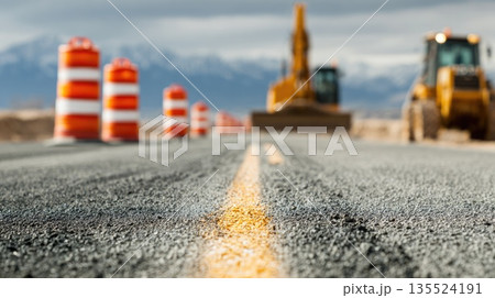 Low angle view of road construction site with traffic barrels and heavy machinery on asphalt highway 135524191