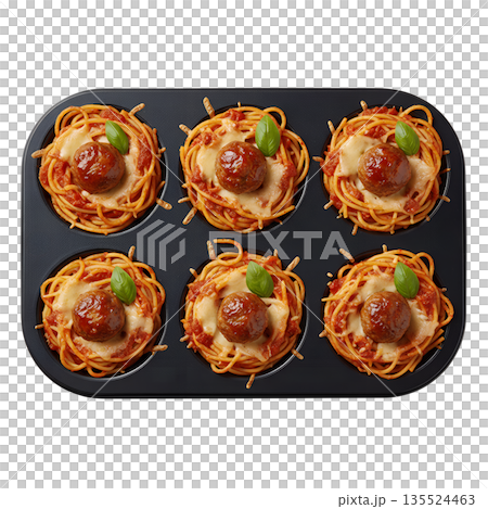 Creative baked spaghetti nests with a meatball center, cooked in a muffin tin for individual portions, isolated on transparent background 135524463