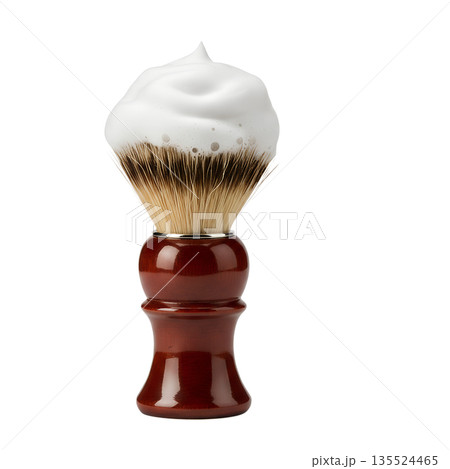 Classic badger shaving brush with rich, creamy lather on its bristles, isolated. Represents traditional wet shaving and male grooming 135524465