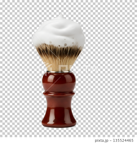 Classic badger shaving brush with rich, creamy lather on its bristles, isolated. Represents traditional wet shaving and male grooming 135524465